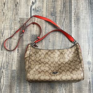 Coach Beige/Fuchsia signature Coated canvas leather shoulder bag